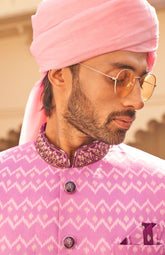 Exclusive latest purple designer mens indowestern sherwani kurta in pure pv silk and foil print  with handwork
